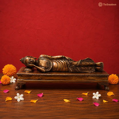 Brass Sleeping Buddha Statue – Handcrafted Reclining Nirvana Statue Traditional Buddhist Buddha Murti 10.5 Inch
