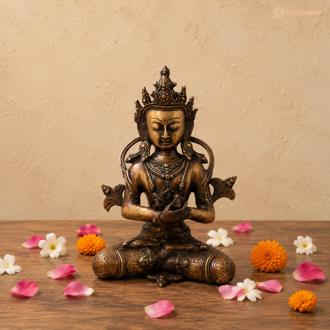 Brass Vajradhara Gautama Buddha Idol – Handcrafted Buddha Ajita Bodhisattva Murti for Pooja, Home Décor &amp; Spiritual Gifting 11 Inch