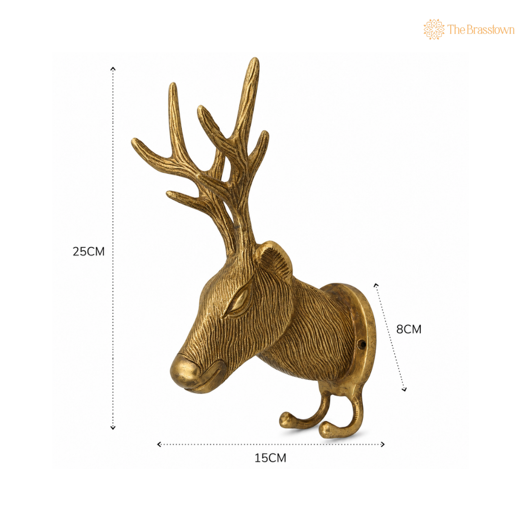 Handcrafted Brass Deer Head Wall Hook 10 Inch