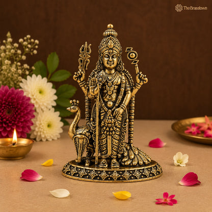 Brass Murugan Idol – Kartikeya / Skanda / Subramanya Statue, Handcrafted Lord Murugan Murti for Puja &amp; Home Décor 2.5 Inch