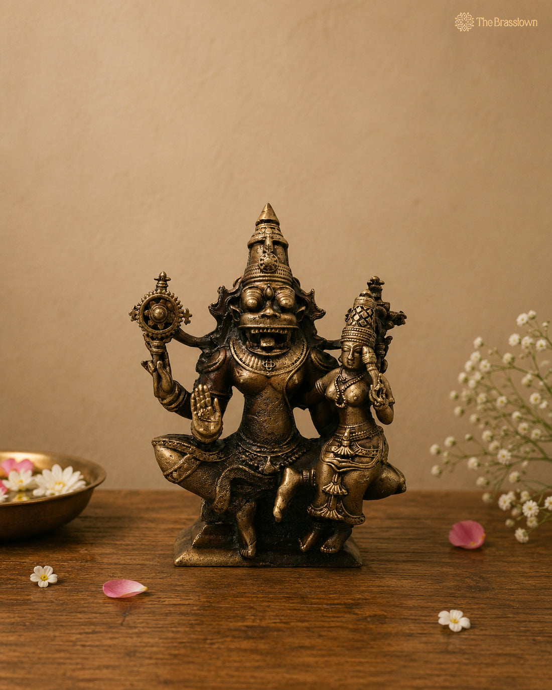 Traditional Brass Lakshmi Narasimha Idol – Traditional Narahari Swamy Chola Style Sculpture for Pooja, Home Mandir, Spiritual Décor &amp; Gifting 3 Inch