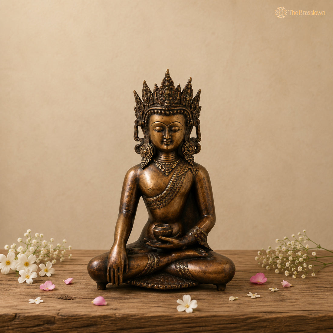 Brass Crown Gautama Buddha Idol – Handcrafted Buddha Ajita Bodhisattva Murti for Pooja, Home Décor &amp; Spiritual Gifting 14 Inch