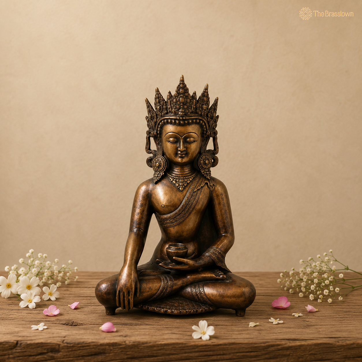 Brass Crown Gautama Buddha Idol – Handcrafted Buddha Ajita Bodhisattva Murti for Pooja, Home Décor &amp; Spiritual Gifting 14 Inch