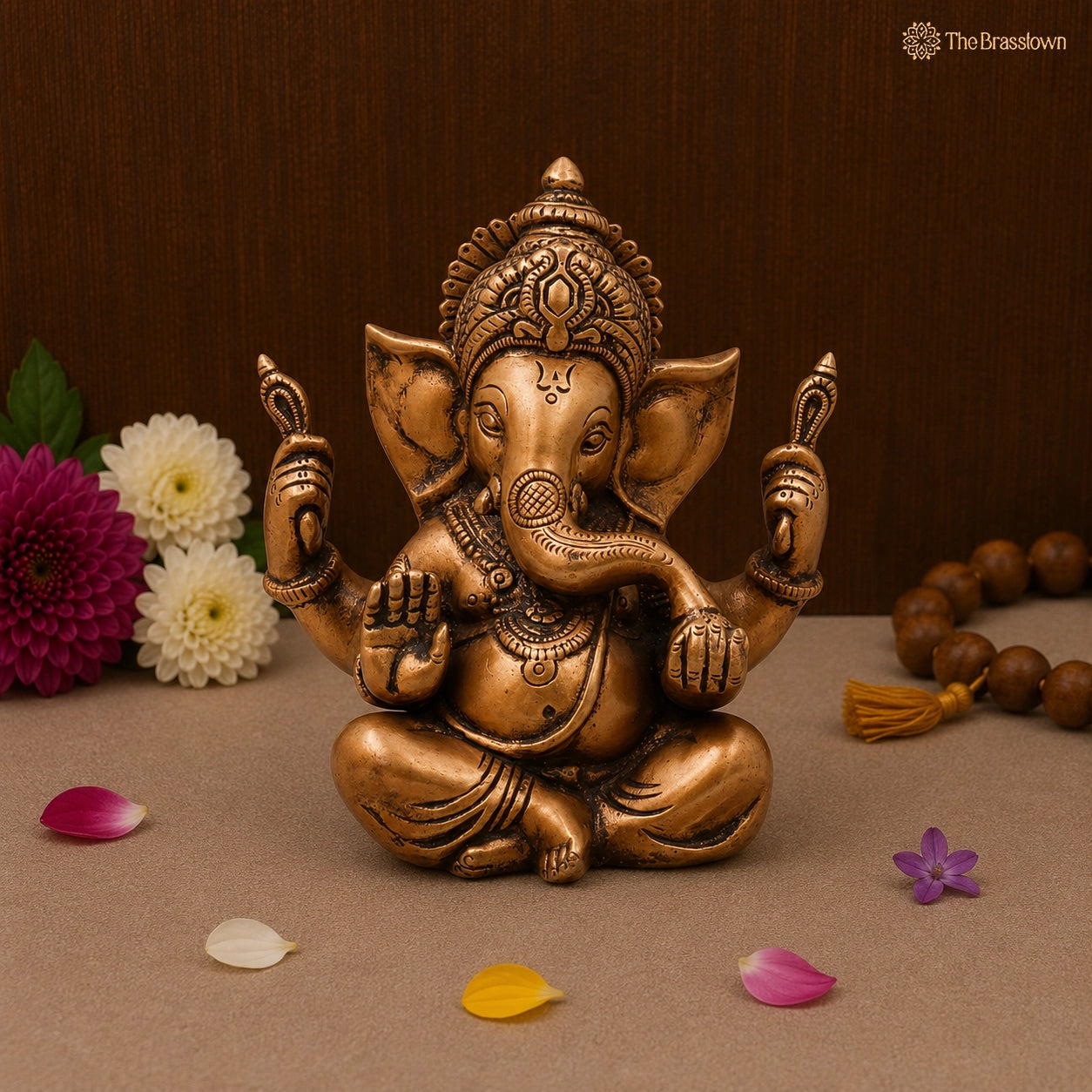 Handcrafted Brass Ganpati Bappa Idol – Lord Ganesha Murti (Vinayaka) for Puja, Home Mandir &amp; Décor 6.5 Inch