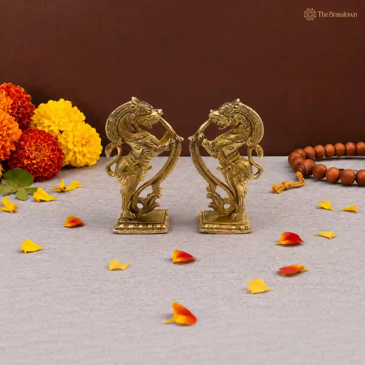 Handcrafted Brass Yali Pair Statues 5 Inch