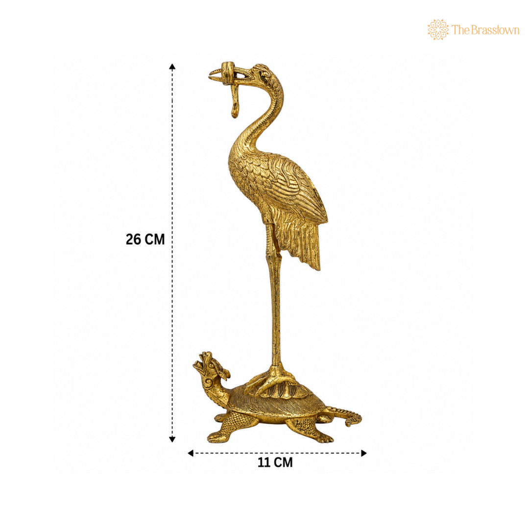 Handcrafted Brass Crane and Turtle Sculpture 10.5 Inch