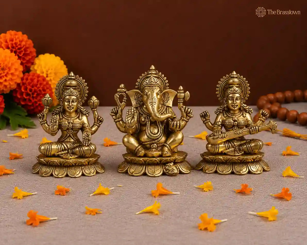 Brass Lakshmi, Ganesha, and Saraswati Statue Set 6 Inch