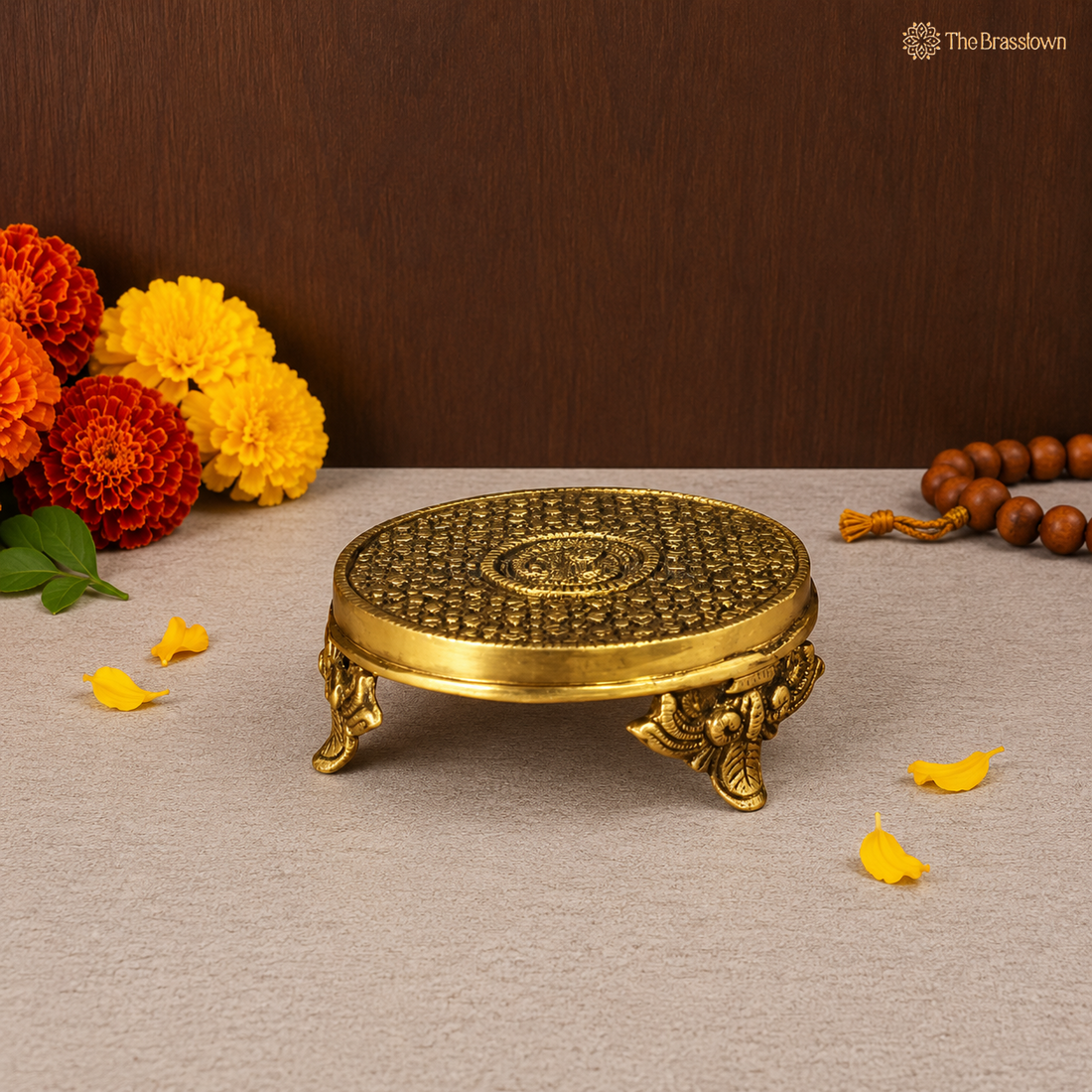 Handcrafted Brass Pooja Chowki with Ornate Floral Design 2 Inch