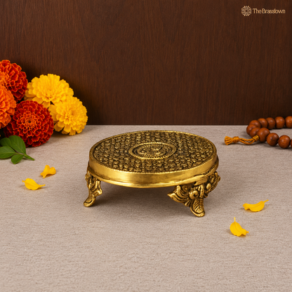 Handcrafted Brass Pooja Chowki with Ornate Floral Design 2 Inch