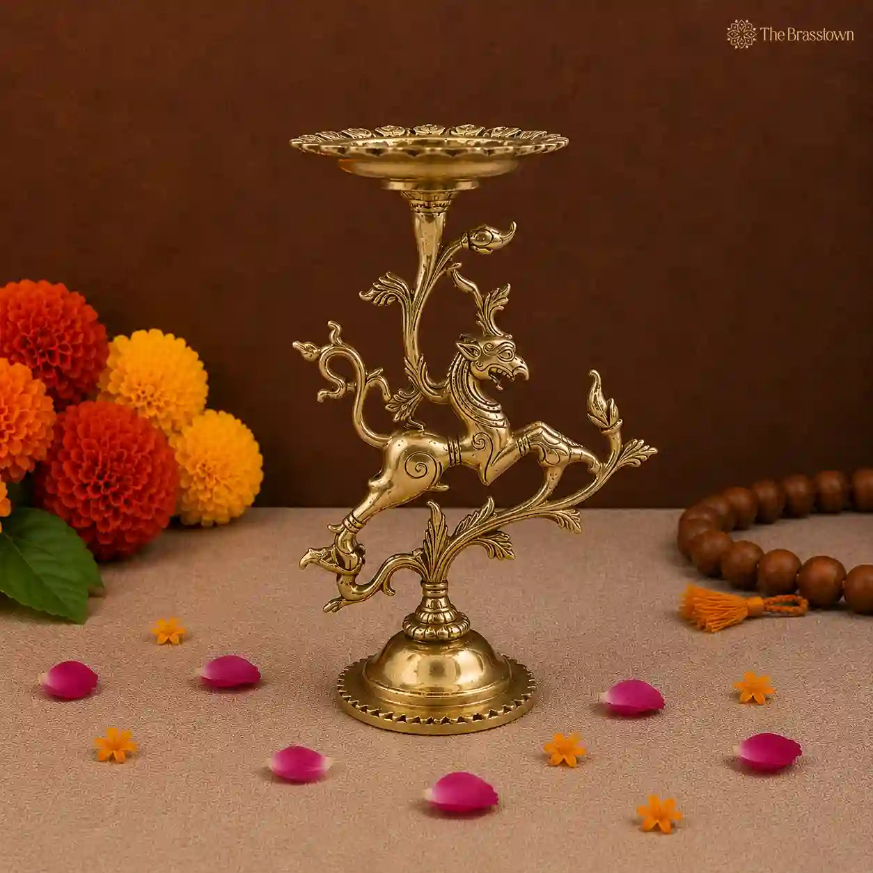 Ornate Brass Yali Candle Holder – A Symbol of Grace and Strength 9.5 Inch