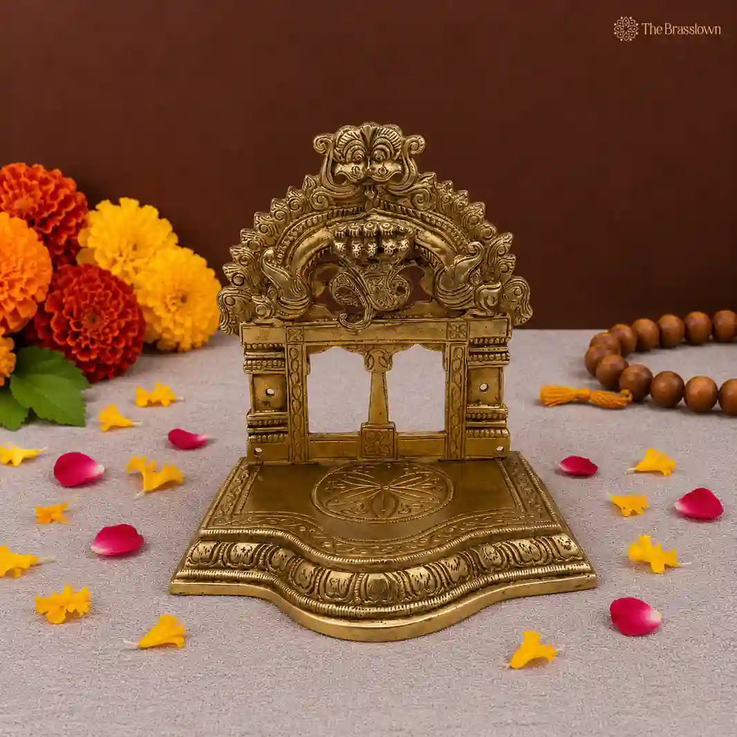 Ornate Brass Temple with Peacock Motif 7 Inch
