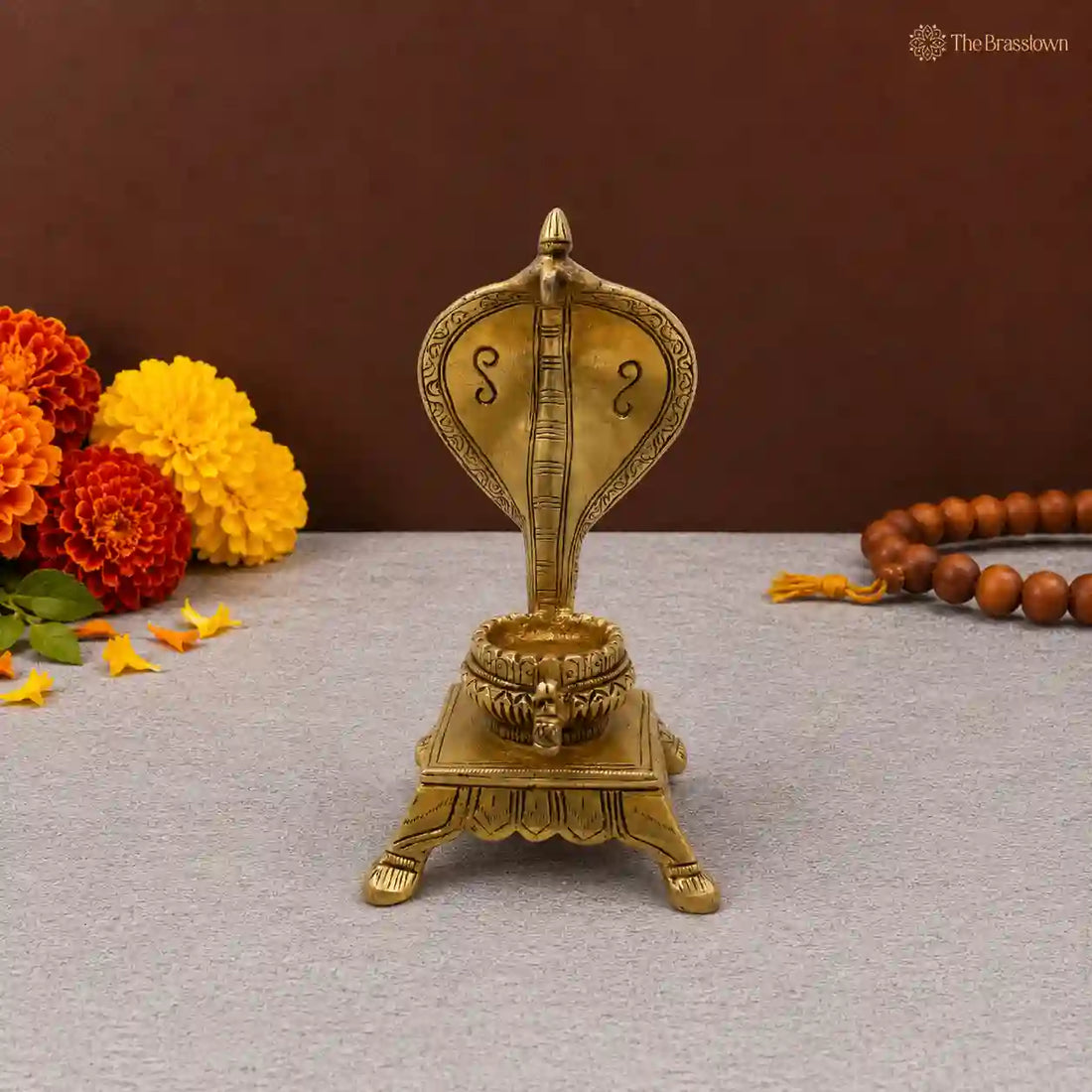 Sacred Brass Naga Shivling Idol with Cobra Hood 7 Inch