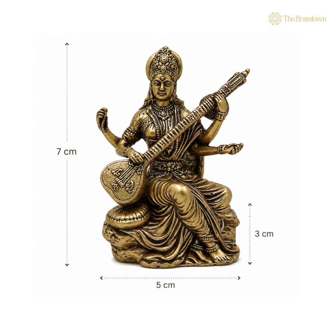 Divine Brass Saraswati Idol – Saraswathi Sharada Vani Bharati Murti with Veena for Puja, Home Temple &amp; Gifts 3 Inch