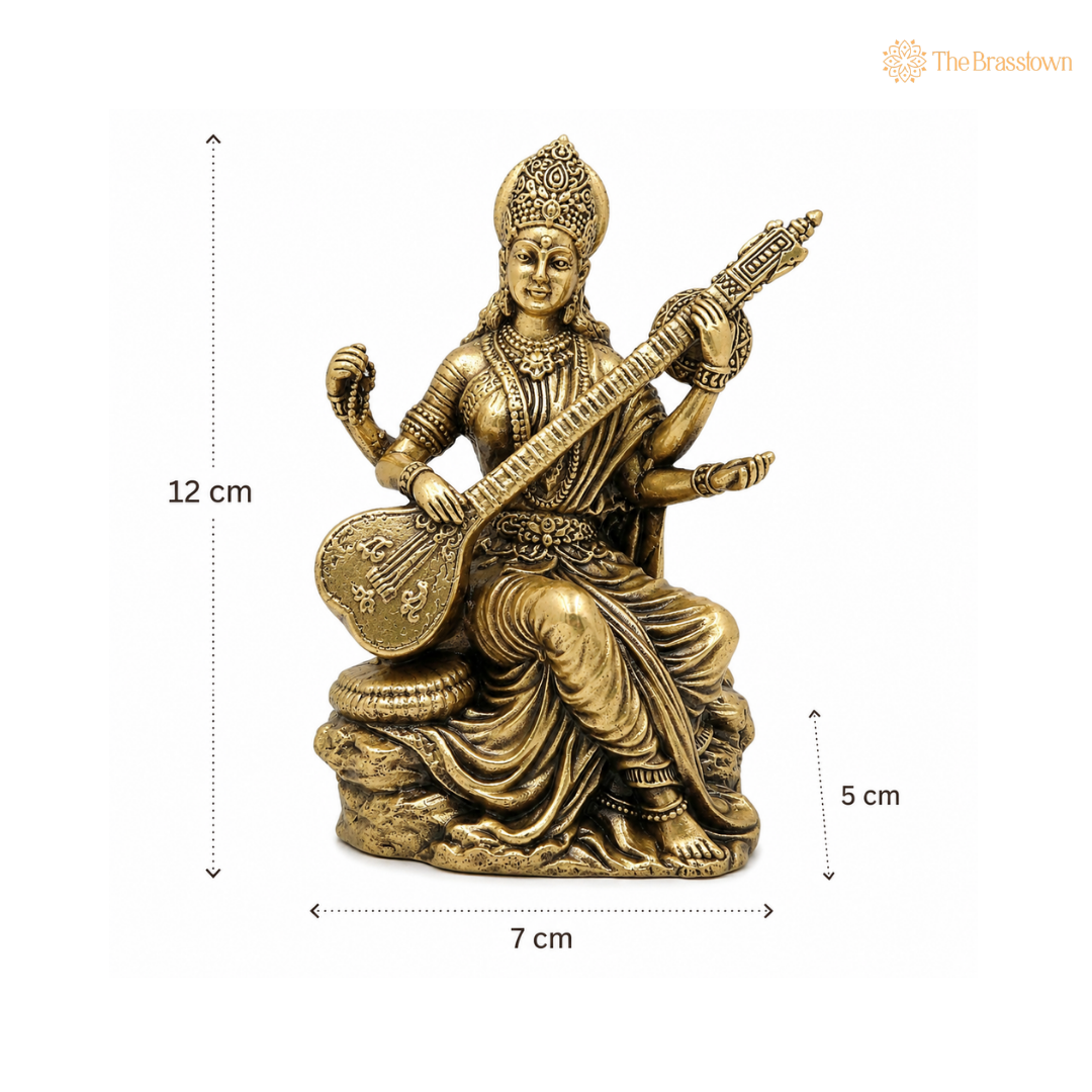 Divine Brass Saraswati Idol – Saraswathi Sharada Vani Bharati Murti with Veena for Puja, Home Temple &amp; Gifts 4.5 Inch