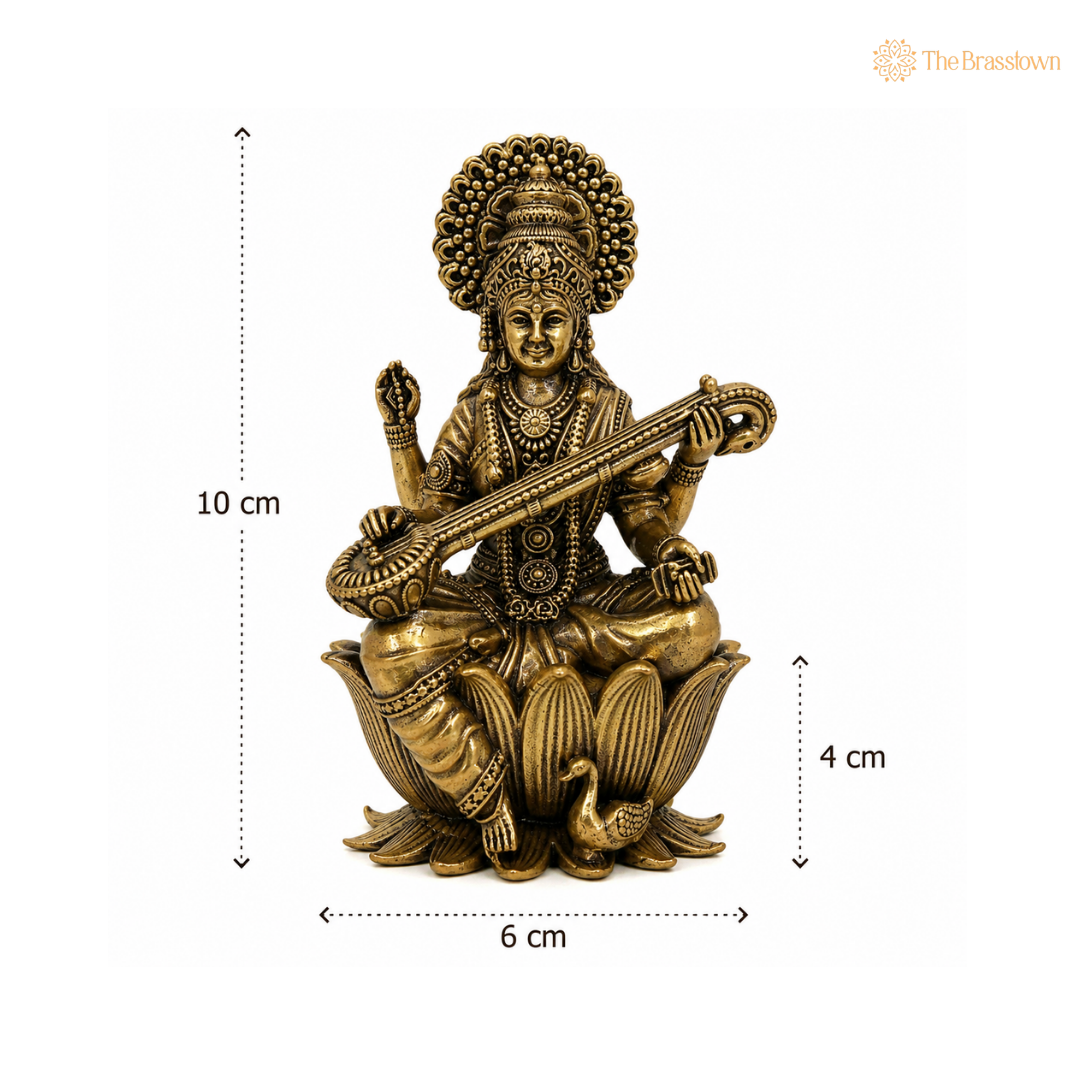 Brass Saraswati Idol – Maa Saraswati / Sharada / Vani / Vagdevi Vidya Devi with Veena for Puja &amp; Home Décor 4 Inch