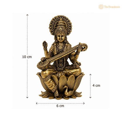 Brass Saraswati Idol – Maa Saraswati / Sharada / Vani / Vagdevi Vidya Devi with Veena for Puja &amp; Home Décor 4 Inch