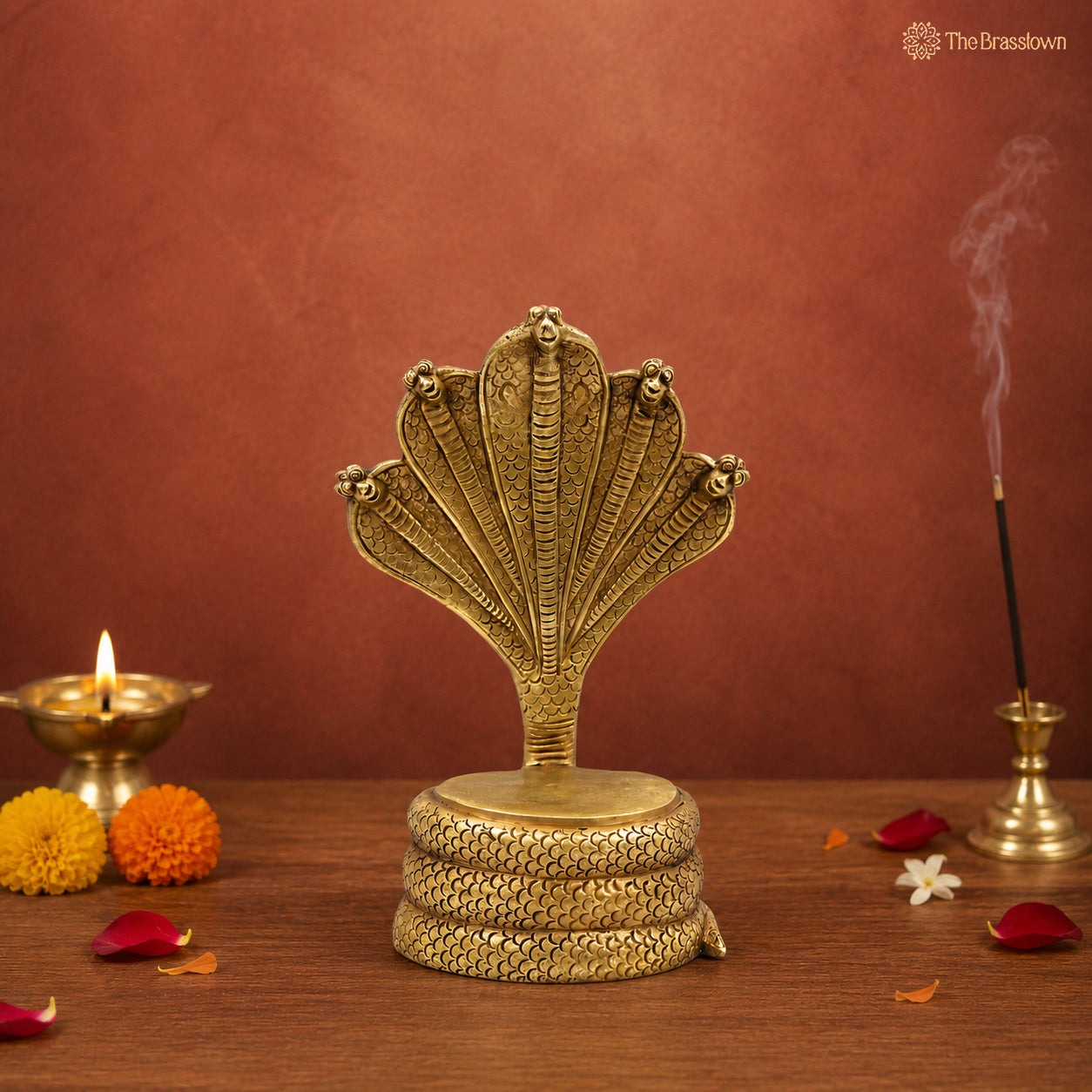 Brass Sheshnag Singhasan with Five Heads – Snake Prabhavali Temple Throne for Idols &amp; Home Mandir 10.5 Inch