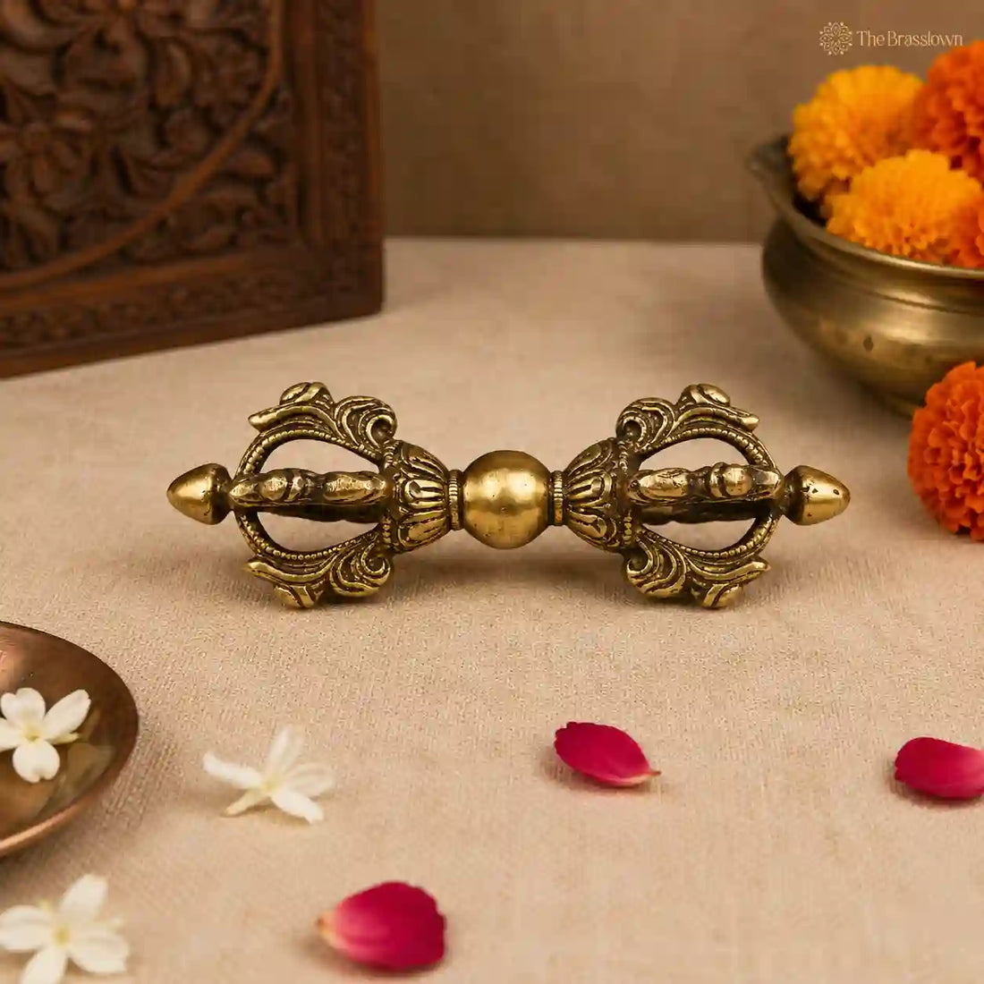 Brass Dorje / Vajra Idol – Tibetan Thunderbolt Scepter for Puja &amp; Spiritual Décor 5.5 Inch
