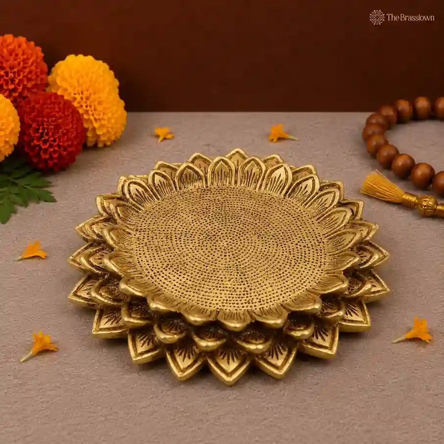 Brass Lotus Shaped Pooja Chowki – Handmade Peetha Stand for Deity Idols &amp; Temple Altar 1 Inch