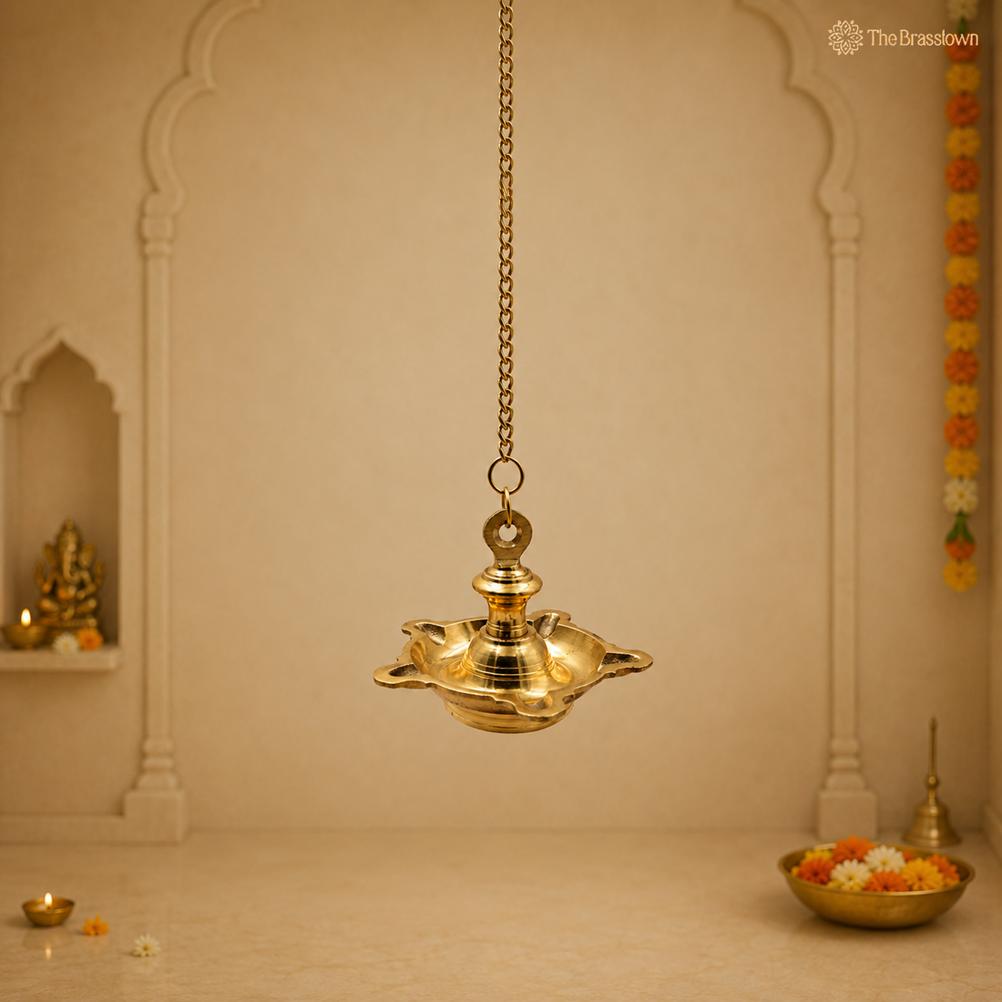 Hanging Brass Lamp Pooja Diya – Traditional Peetal Thooku Vilakku Deepam for Temple, Home Mandir &amp; Spiritual Décor 4.5 Inch