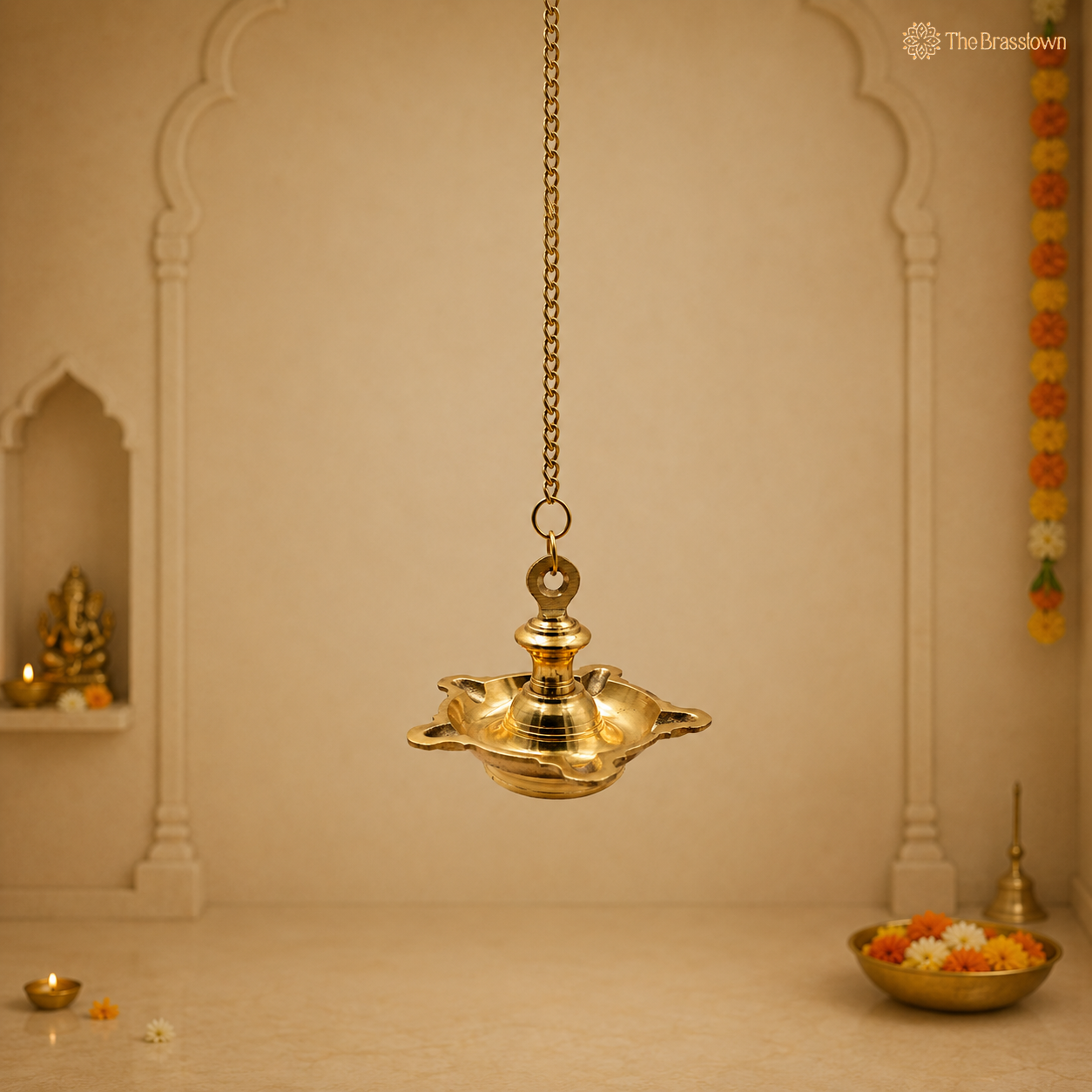 Hanging Brass Lamp Pooja Diya – Traditional Peetal Thooku Vilakku Deepam for Temple, Home Mandir &amp; Spiritual Décor 4.5 Inch