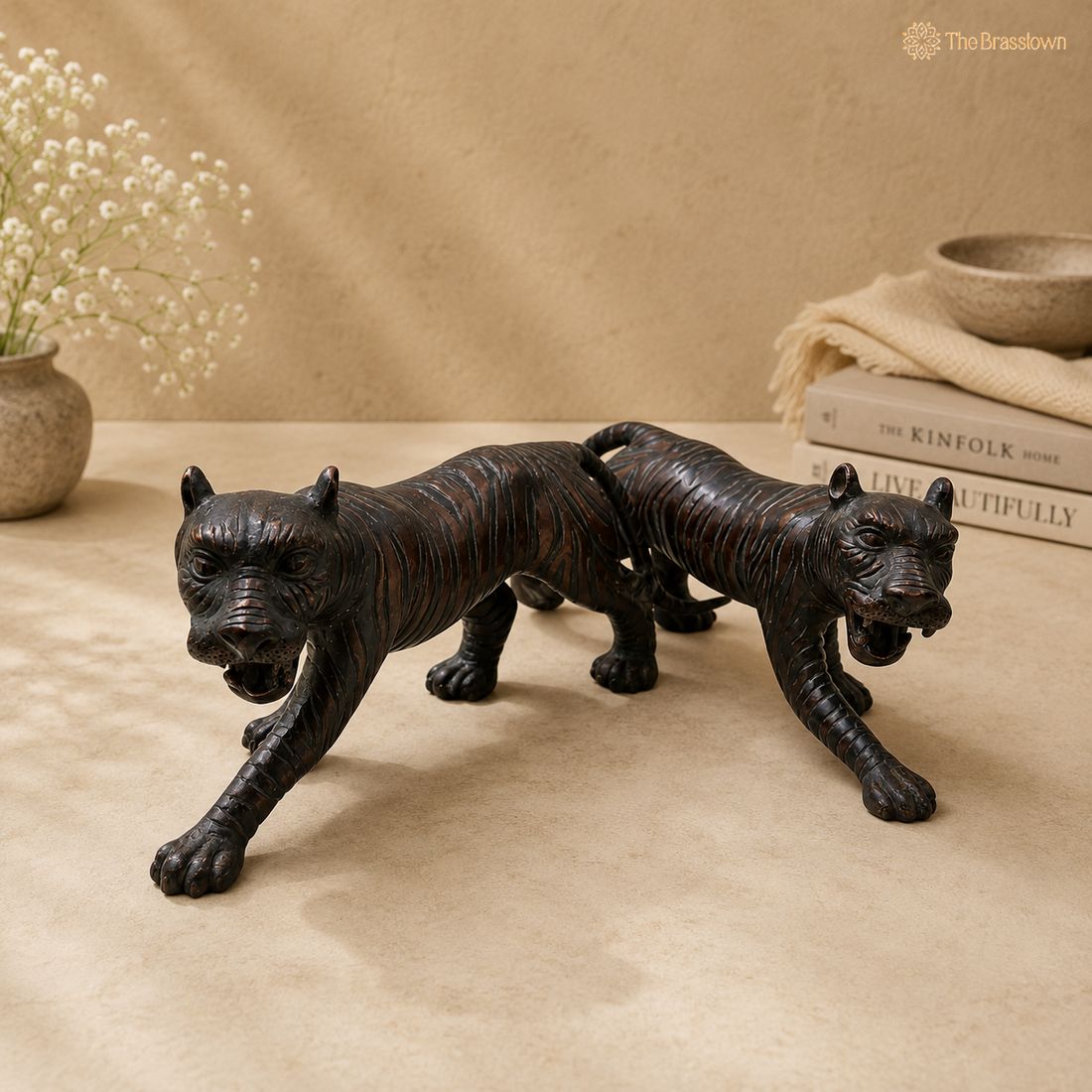Handcrafted Brass Tiger Figurine (set of 2)-Royal Tiger Murti for Home, Office &amp; Table Décor 6.5 Inch