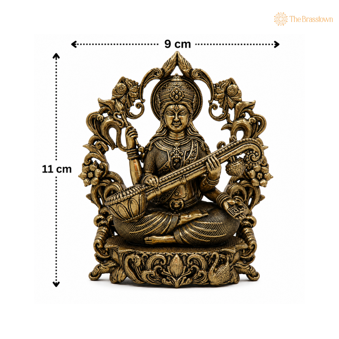 Handcrafted Brass Saraswati Mata Idol With Prabhavali   – Goddess of Knowledge (Veena Vadini) Murti for Puja, Study &amp; Home Mandir Décor 4.5 Inch