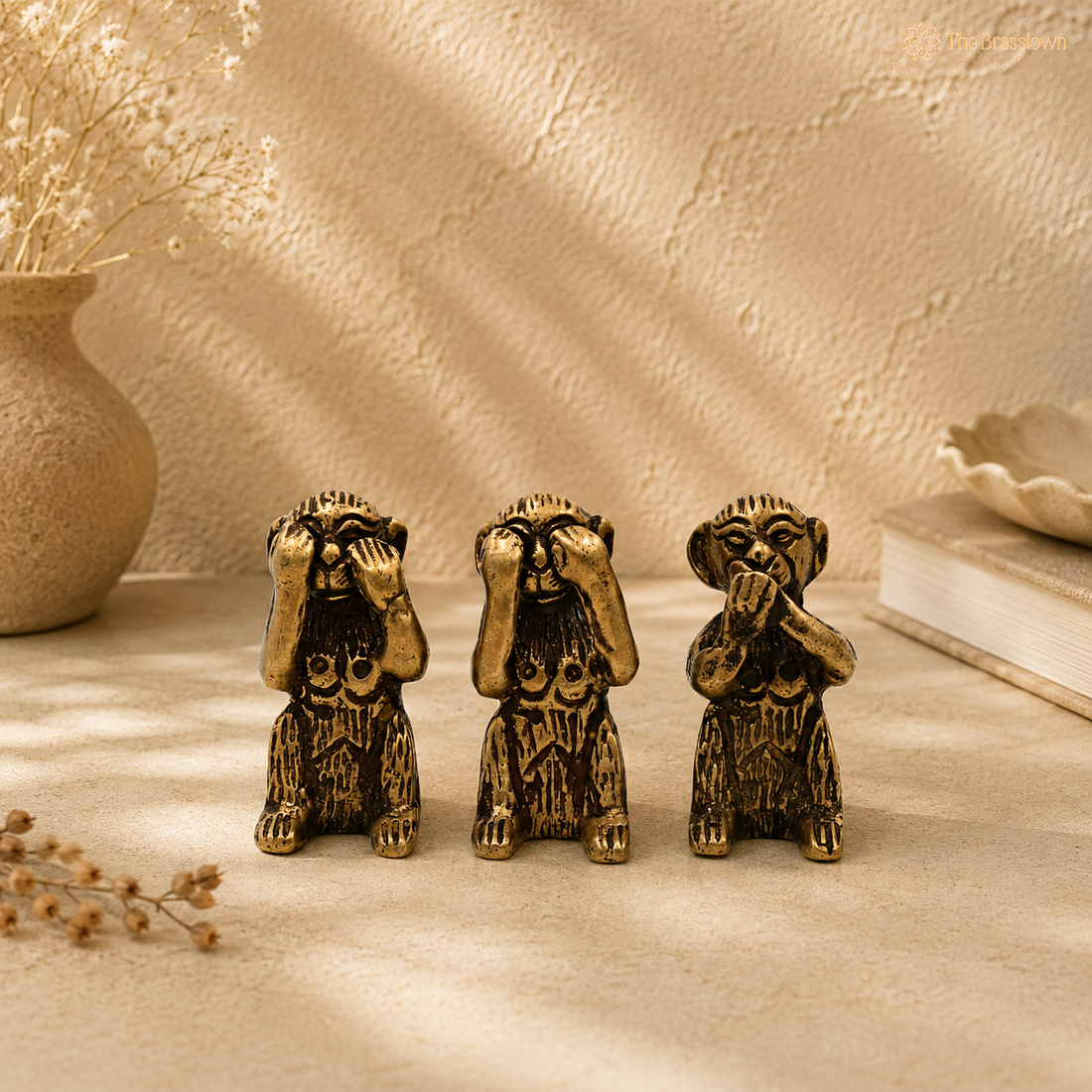 Brass Three Wise Monkeys Idol – Gandhiji Ke Teen Bandar Statue for Home Décor, Office Desk &amp; Gifting  2 Inch