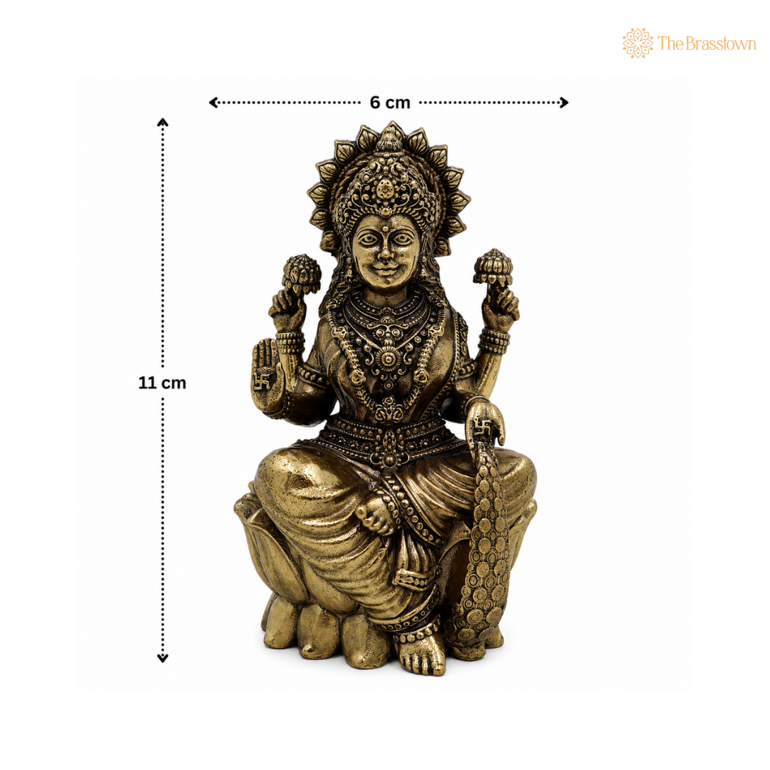 Handcrafted Brass Mahalakshmi Idol – Peetal Goddess Lakshmi Murti for Puja, Home Mandir &amp; Spiritual Décor 4.5 Inch