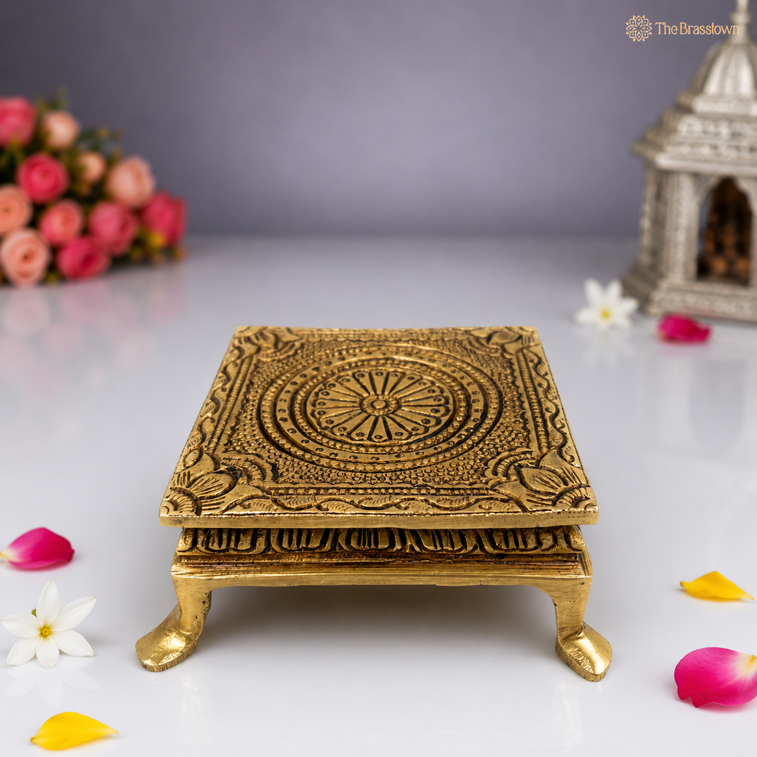 Traditonal Handcrafted Brass Chowki – Traditional Pooja Peetha / Singhasan for Idols, Kalash &amp; Ritual Use 2 Inch