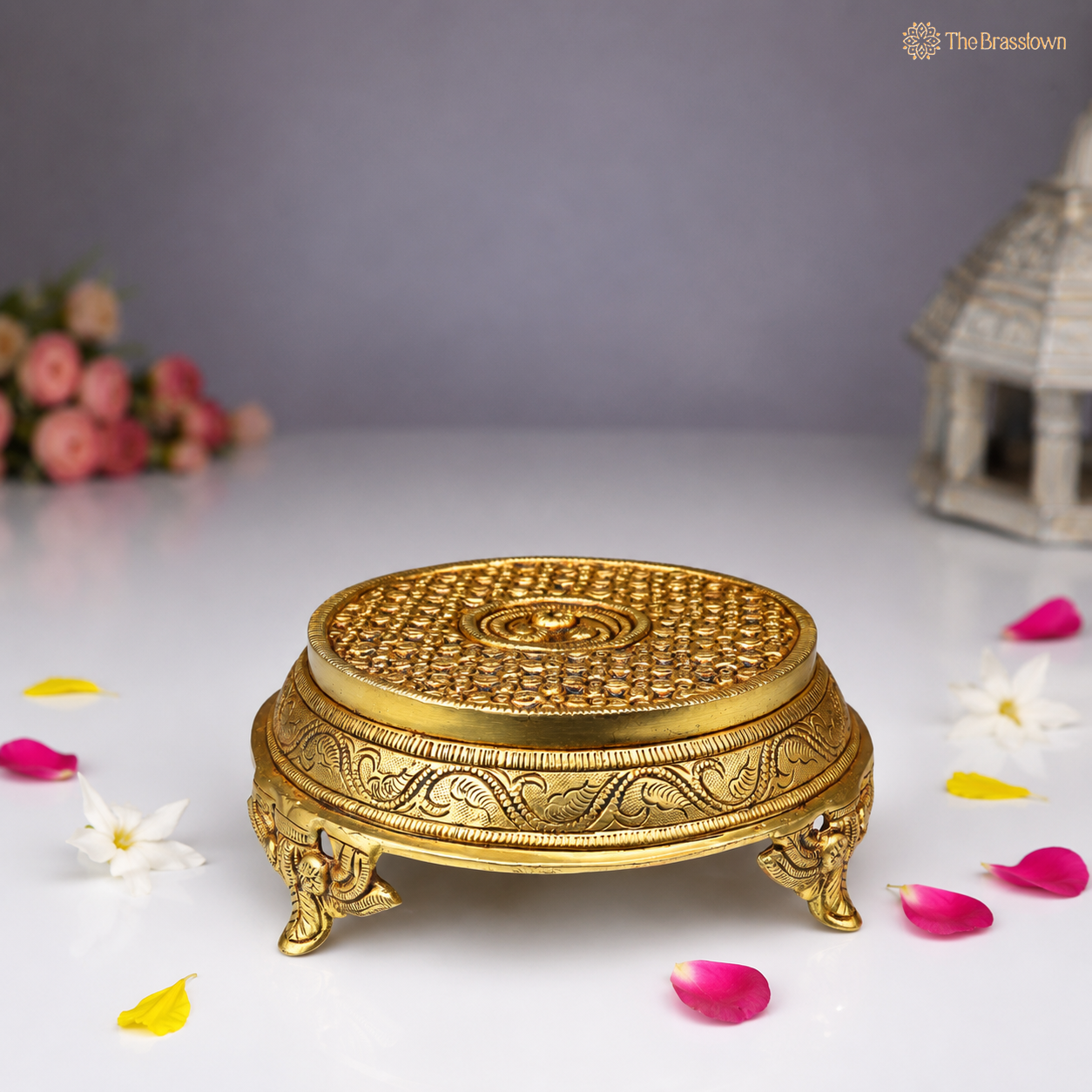 Handcrafted Brass Round Pooja Chowki Bajot – Circular Idol Display Stand for Home Mandir &amp; Puja Setup 3 Inch