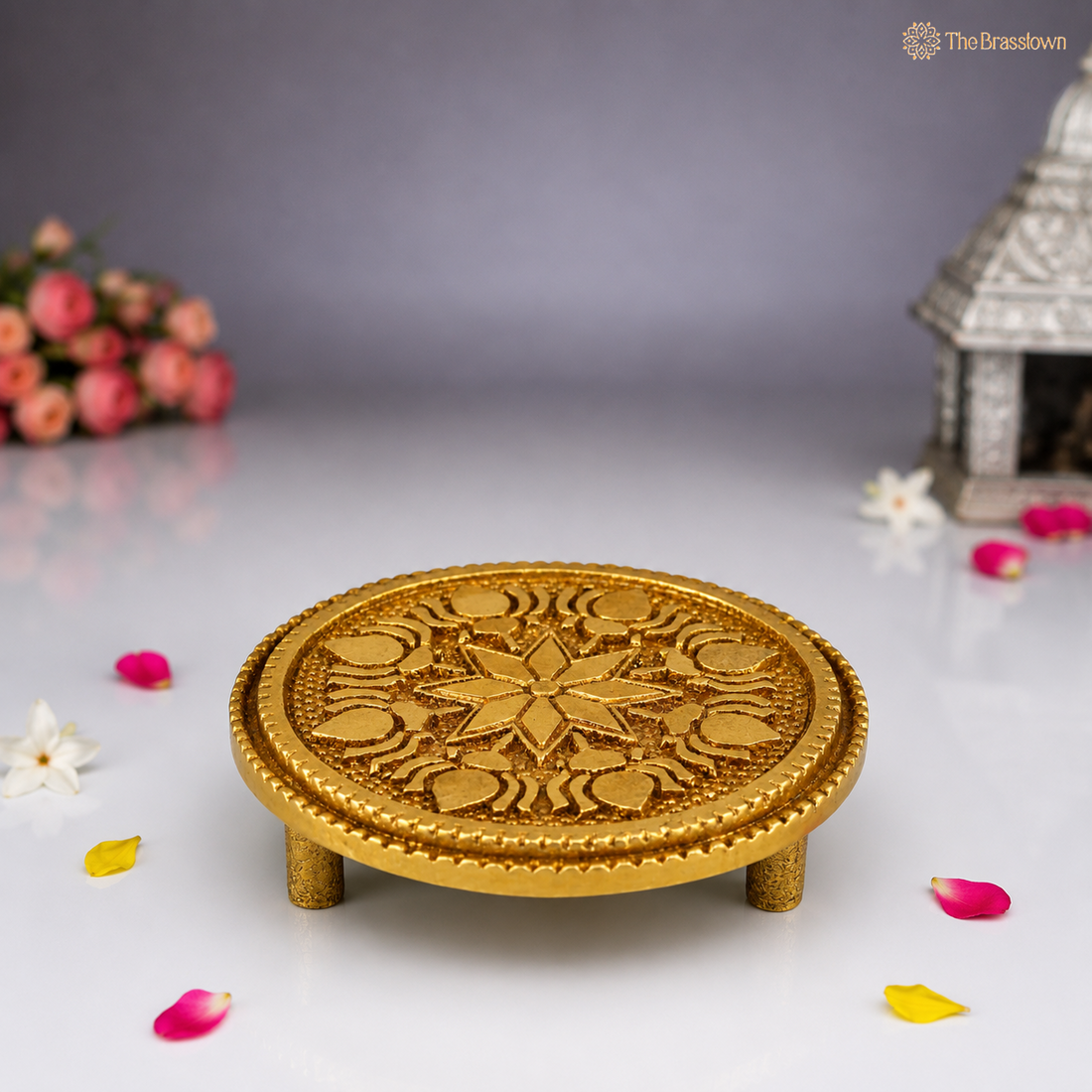 Handcrafted Brass Round Pooja Chowki – Circular Idol Display Stand for Home Mandir &amp; Puja Setup 3 Inch