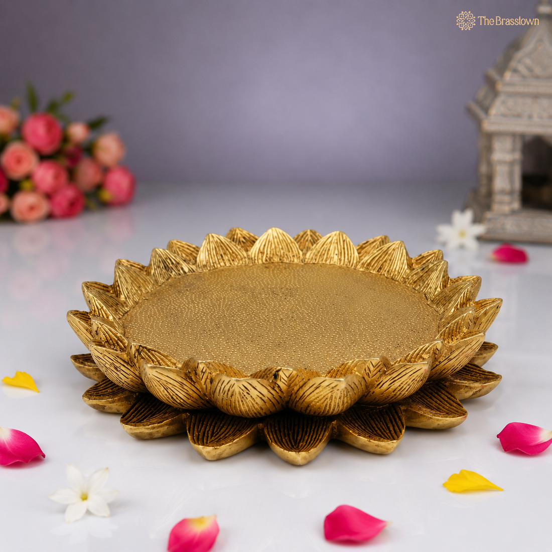 Handcrafted Brass Lotus Shaped Pooja Chowki – Sacred Plate/Stand for Kalash &amp; Deity Idol 2 Inch