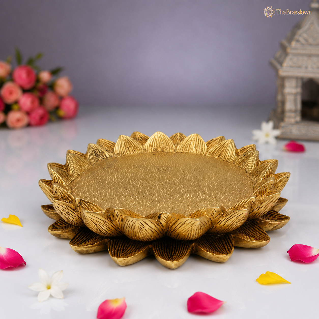 Handcrafted Brass Lotus Shaped Pooja Chowki – Sacred Plate/Stand for Kalash &amp; Deity Idol 2 Inch
