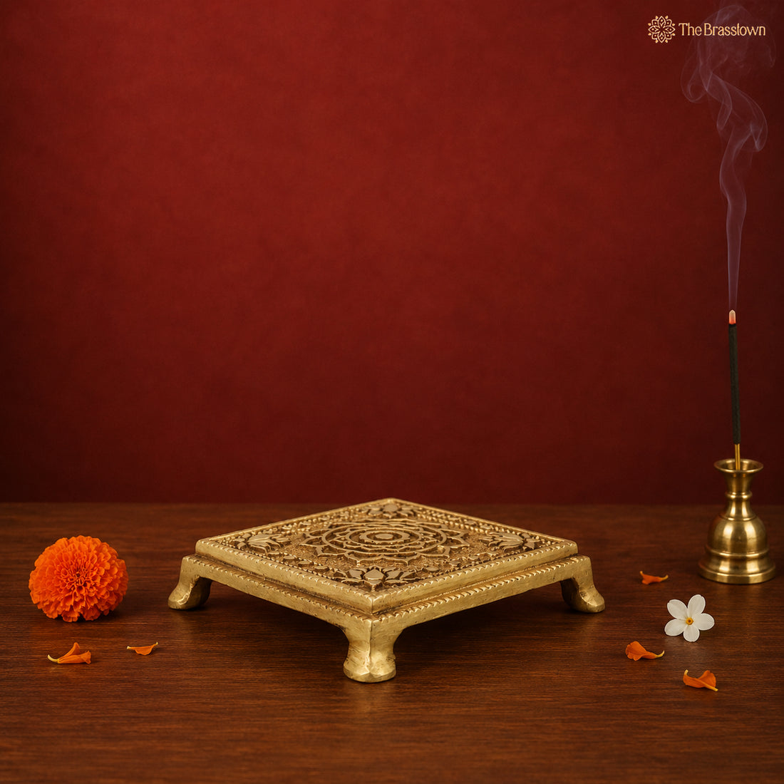Traditonal Handcrafted Brass Chowki Platform – Traditional Pooja Peetha / Singhasan for Idols, Kalash &amp; Ritual Use 4 Inch