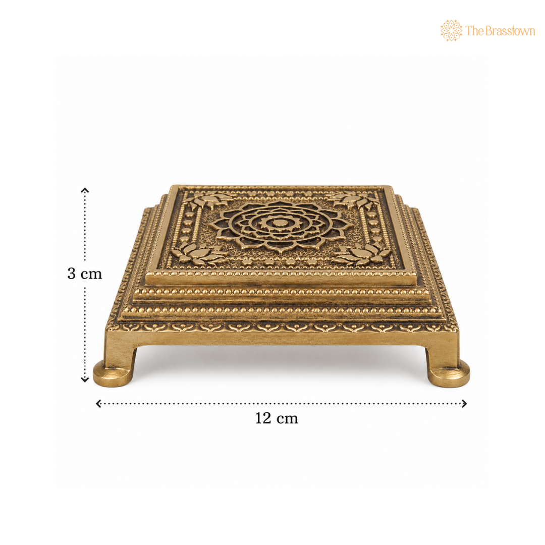 Brass Chowki for Puja – Handcrafted Mandir Pedestal for Lakshmi, Ganesha, Durga &amp; Vishnu Idols 5 Inch