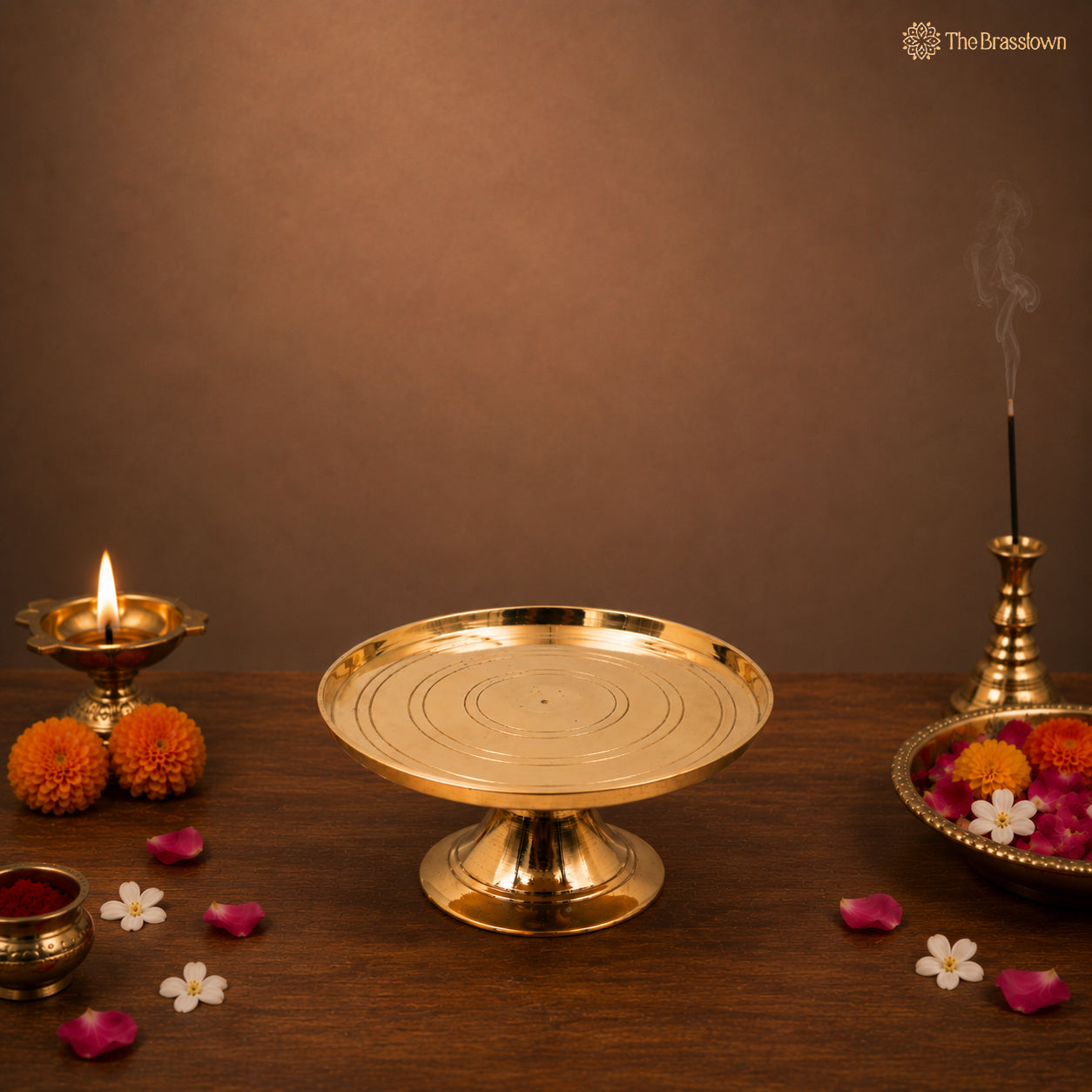 Brass Round Pooja Chowki – Traditional Puja Stand for Idols, Diya &amp; Home Mandir 3 Inch