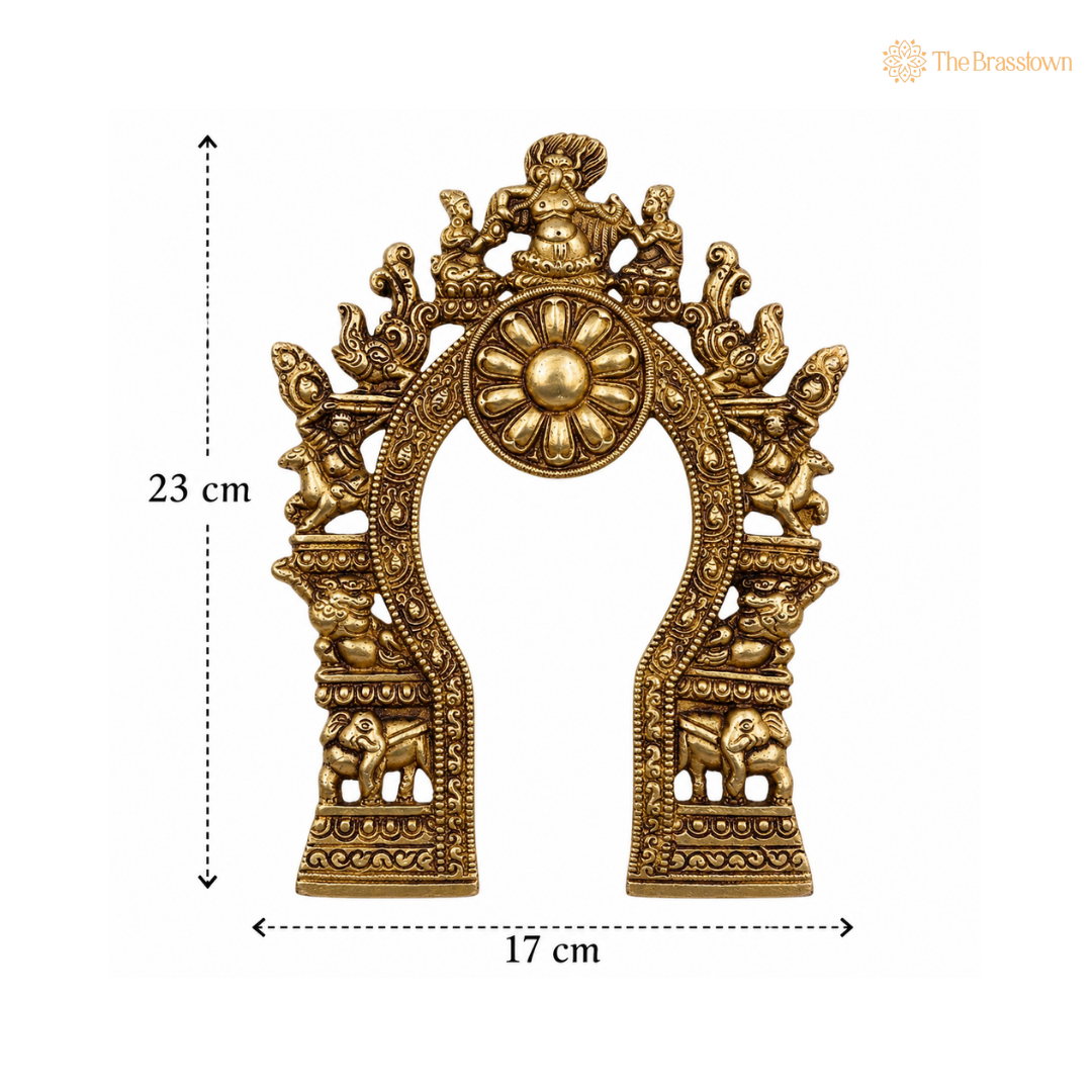 Bhunes Brass Prabhavali with Yali, Elephant &amp; Deities – Decorative Temple Arch Frame for Idols &amp; Home Mandir 9 Inch