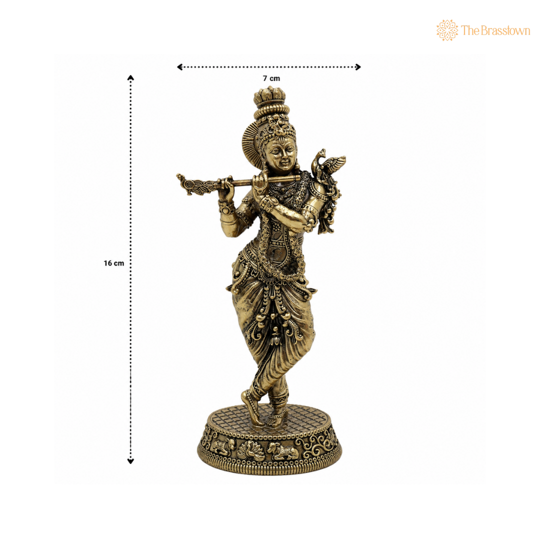 Handcrafted Brass Krishna Idol with Peacock – Fine Finish Lord Krishna Statue for Puja &amp; Home Mandir 6.5 Inch