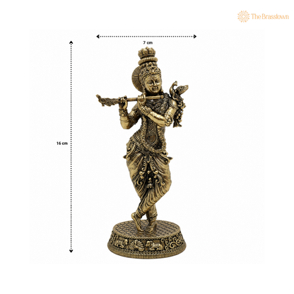Handcrafted Brass Krishna Idol with Peacock – Fine Finish Lord Krishna Statue for Puja &amp; Home Mandir 6.5 Inch