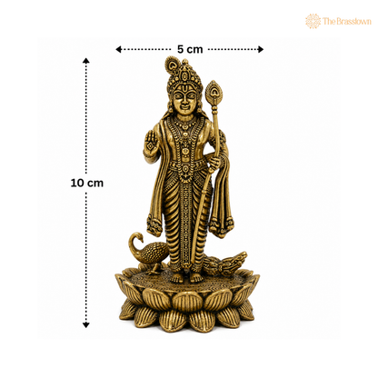 Brass Murugan Idol with Peacock on Lotus – Kartikeya / Skanda / Subramanya Statue, Handcrafted Lord Murugan Murti for Puja &amp; Home Décor 4 Inch
