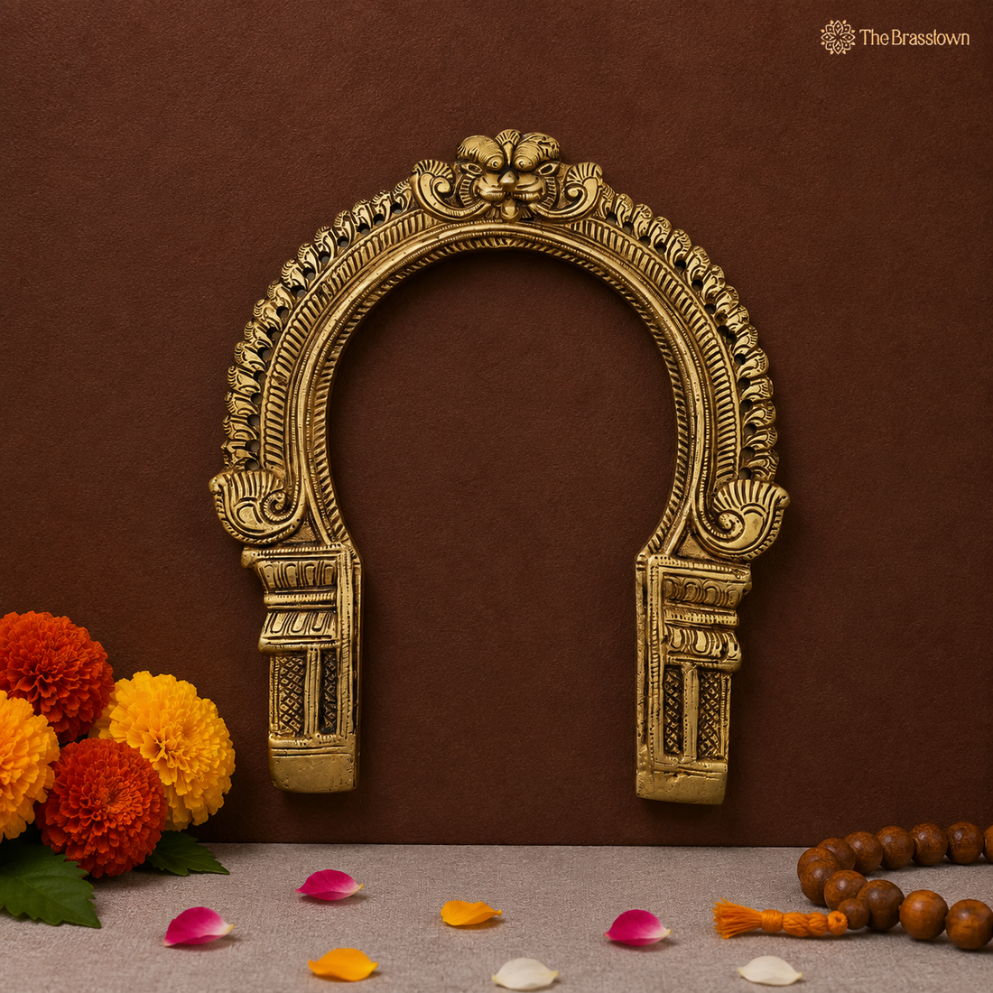 Handcrafted Brass Kirtimukha For Diety Prabhaval Arch – Handcrafted Arch Backdrop Wall Hanging for Home Temple, Deity Décor &amp; Spiritual Ambience 9 Inch