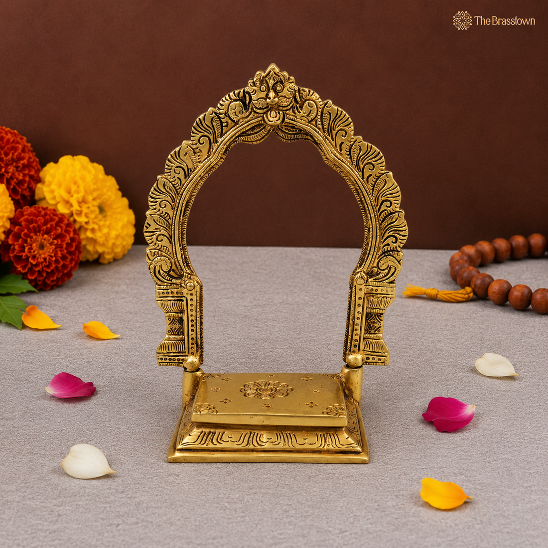 Brass Singhasan Chowki With Prabhavali – Singhasan Stand for Idols &amp; Home Temple Pooja 8 Inch