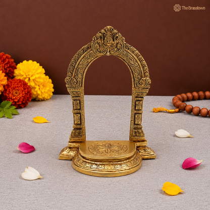 Handmade Traditional Brass Shinghashan With Prabhavali – Singhasan Stand for Idols &amp; Home Temple Pooja 10.5 Inch
