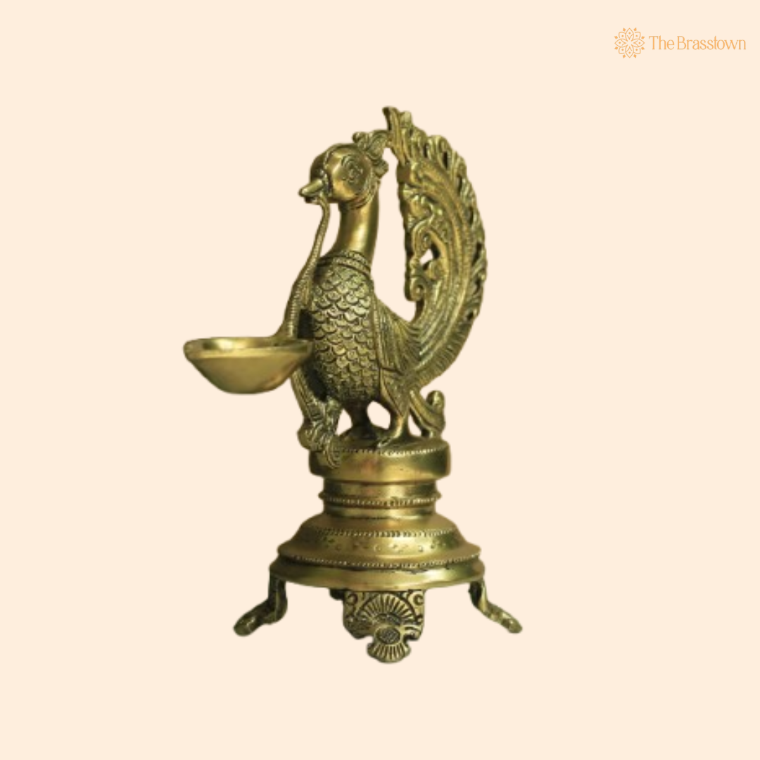 Traditional Brass Peacock Pooja Diya 9 Inch