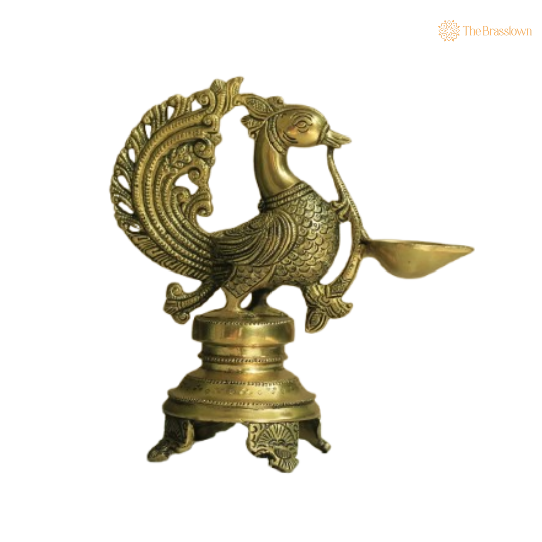 Traditional Brass Peacock Pooja Diya 9 Inch