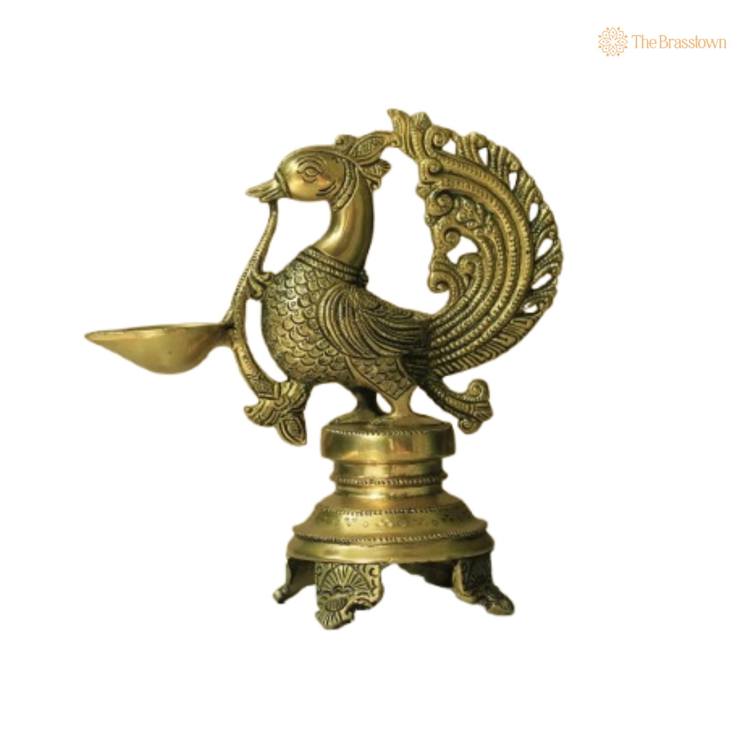 Traditional Brass Peacock Pooja Diya 9 Inch