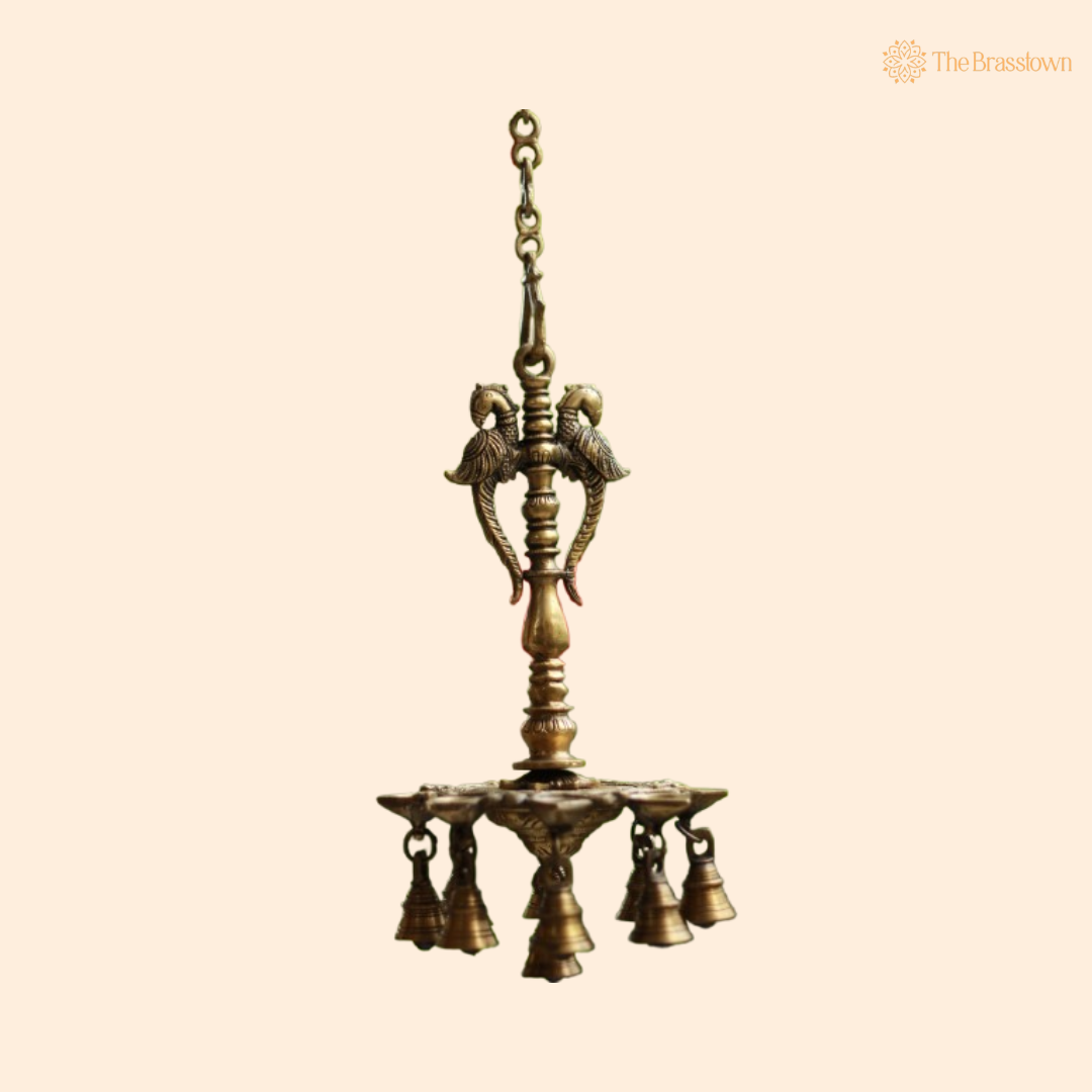 Twin Parrot Hanging Brass Diya with Bells 12 Inch