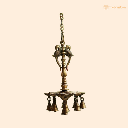 Twin Parrot Hanging Brass Diya with Bells 12 Inch
