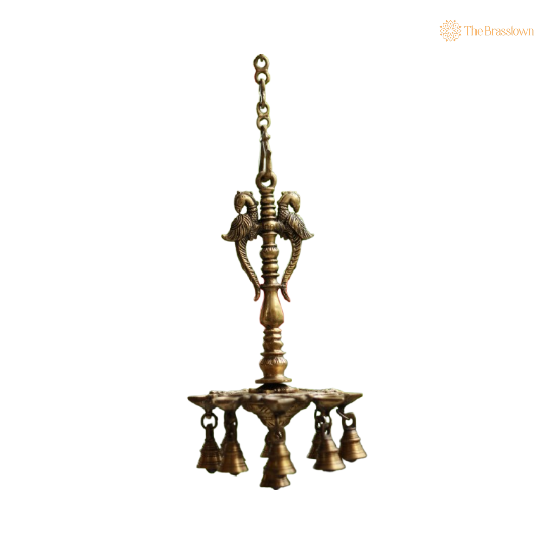 Twin Parrot Hanging Brass Diya with Bells 12 Inch